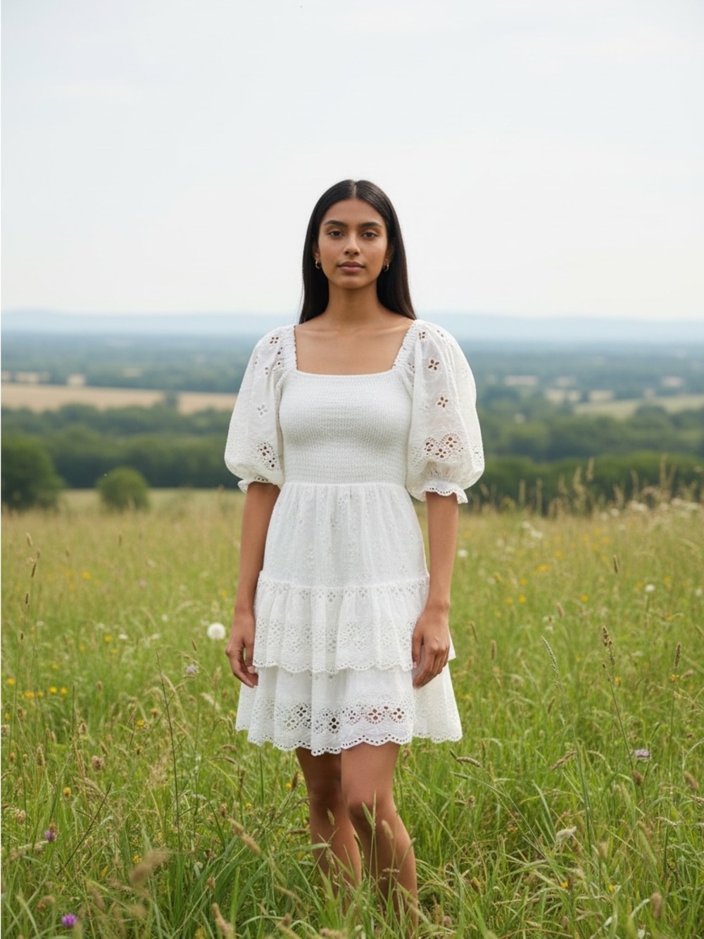 Sail to Sable White Eyelet Square-Neck Tiered Mini Dress